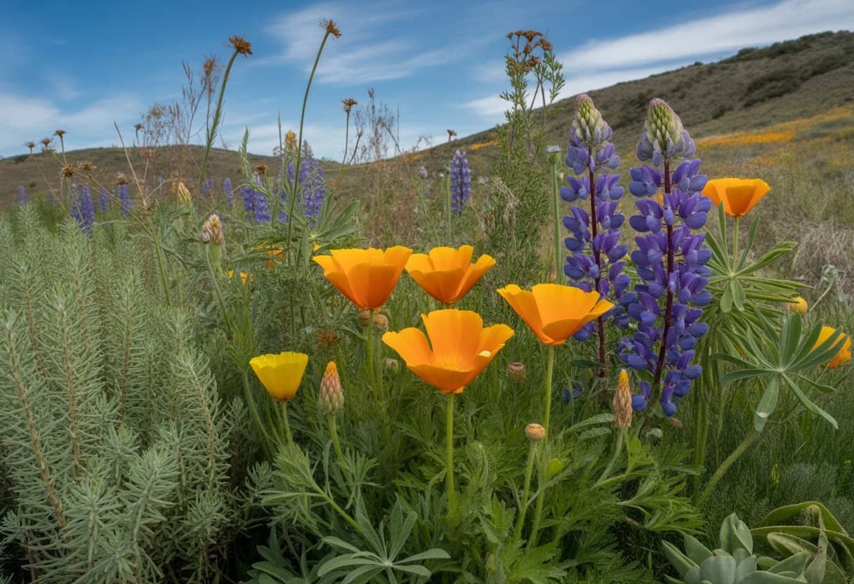 Sacramento Native Plants: A Guide to Indigenous Flora for Local Gardens 1 A natural outdoor scene with various native plants from Sacramento, including orange poppies, purple lupines, and green sagebrush under a clear blue sky.