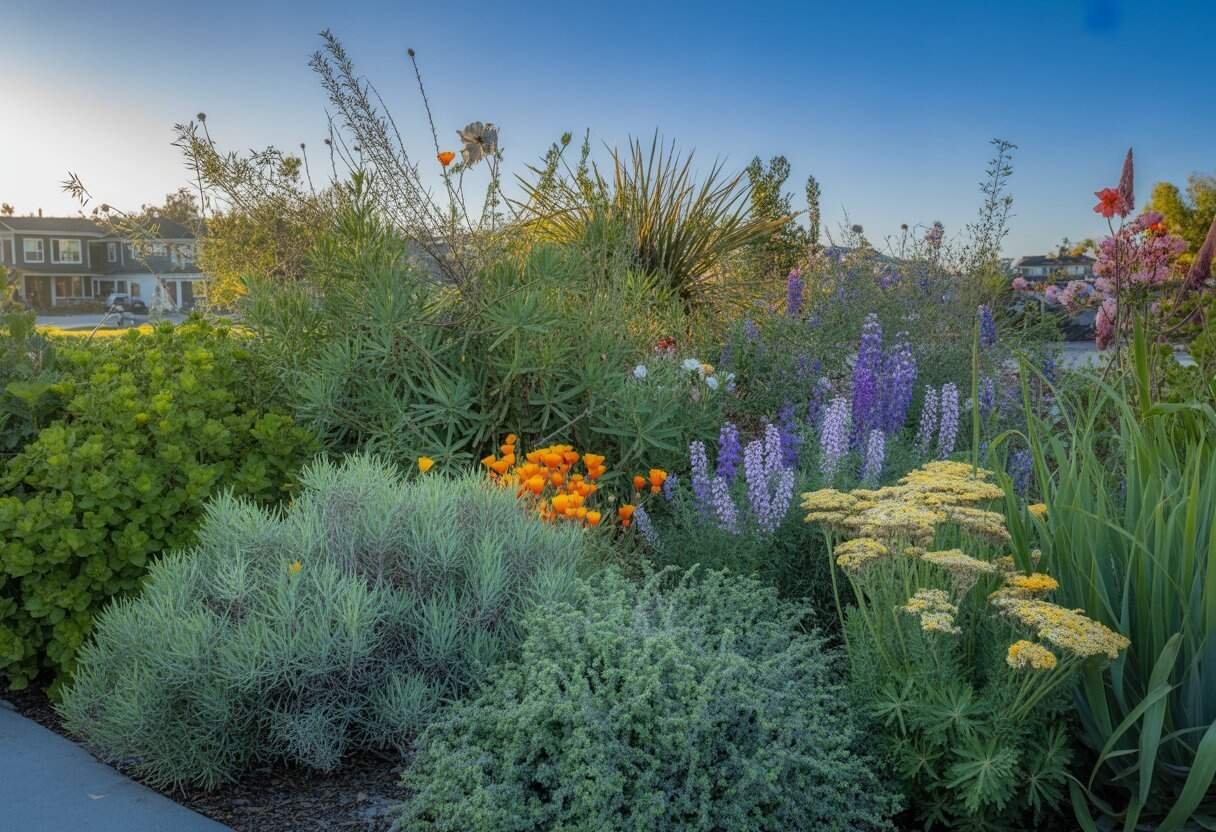 Sacramento Native Plants: A Guide to Indigenous Flora for Local Gardens 2 A lush garden with colorful native plants and wildflowers growing among shrubs and grasses under a clear blue sky.
