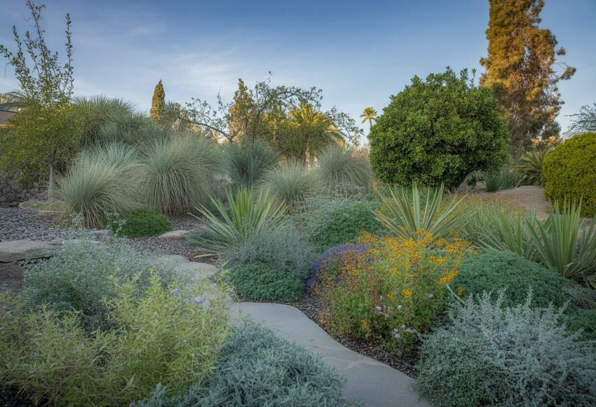 Sacramento Native Plants: A Guide to Indigenous Flora for Local Gardens 3 A vibrant garden with native Sacramento plants, colorful wildflowers, shrubs, and stone pathways under a clear blue sky.