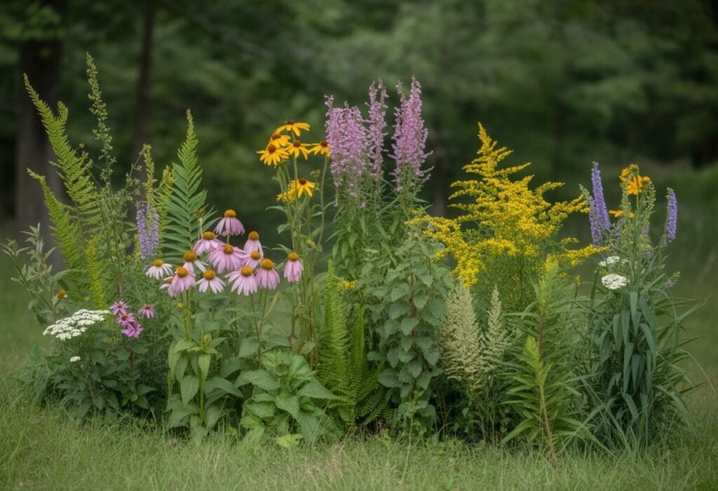 A variety of native plants and wildflowers growing naturally in a sunlit outdoor setting with green foliage and a blurred background.