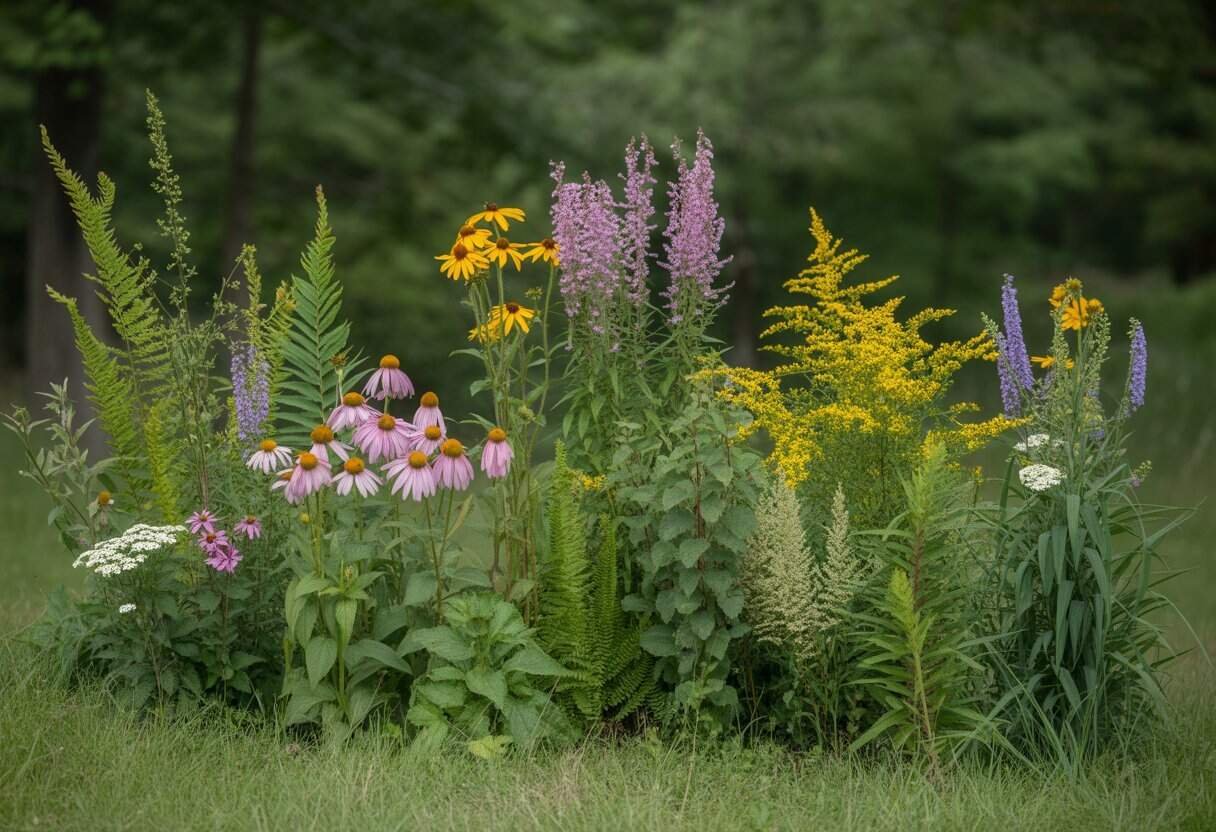 Native Plants Cincinnati: Top 10 Species for Your Local Garden 1 A variety of native plants and wildflowers growing naturally in a sunlit outdoor setting with green foliage and a blurred background.