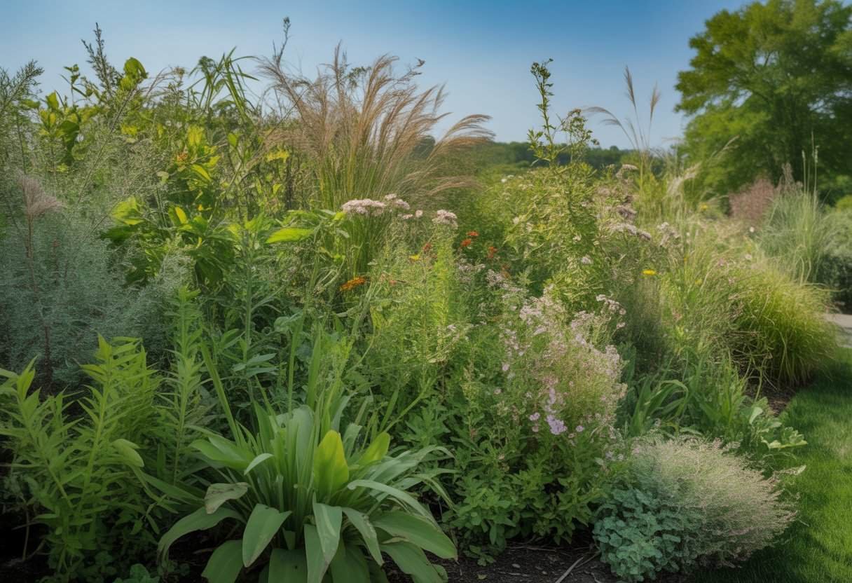Native Plants Cincinnati: Top 10 Species for Your Local Garden 2 A lush garden filled with diverse native plants and wildflowers growing under a clear blue sky.