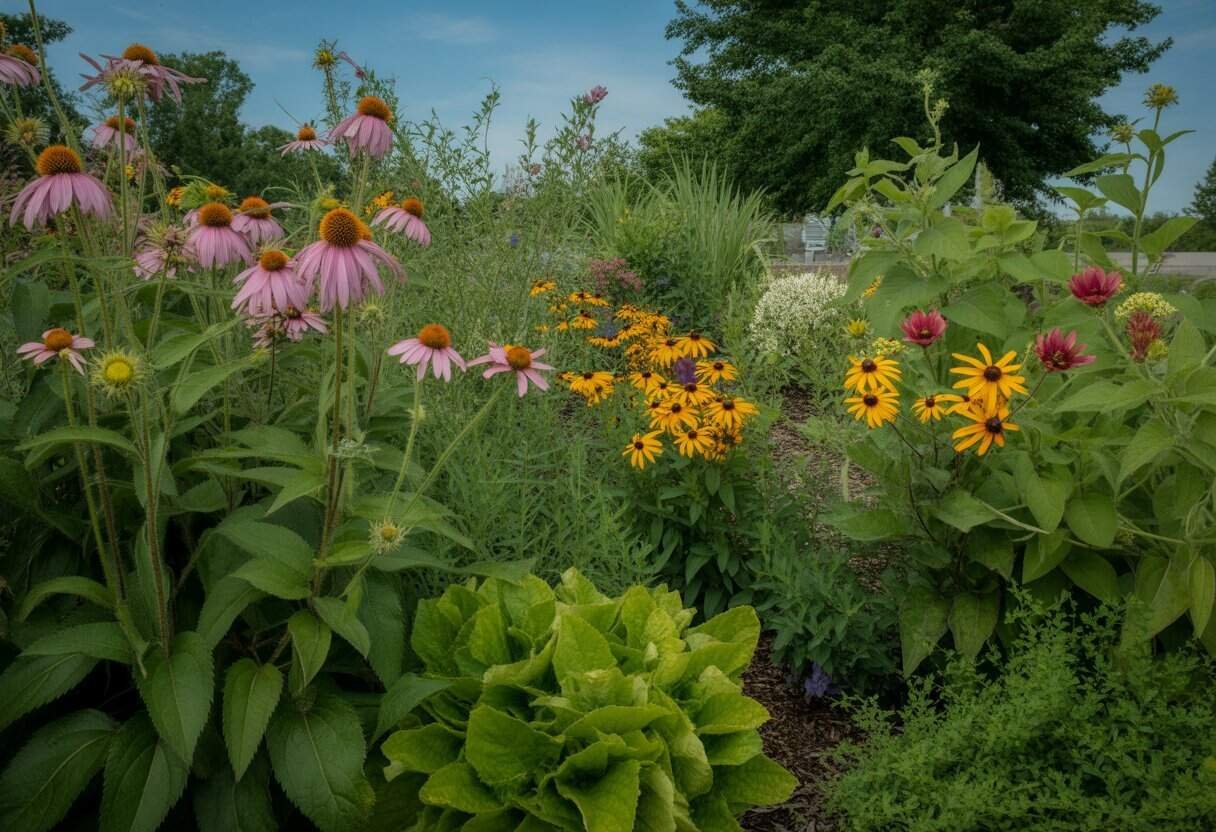 Native Plants Cincinnati: Top 10 Species for Your Local Garden 3 A thriving garden with various native flowering plants and green foliage under a clear sky.