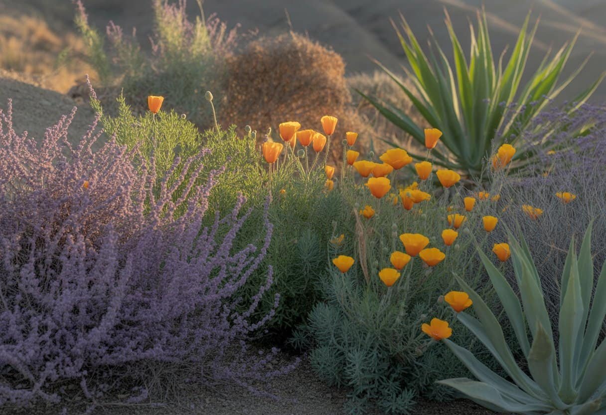 Los Angeles Native Plants: Essential Guide for Southern California Gardeners 1 A variety of native Los Angeles plants including California poppies, purple sage, and coastal sage scrub growing in a sunny outdoor setting with dry soil and hills in the background.