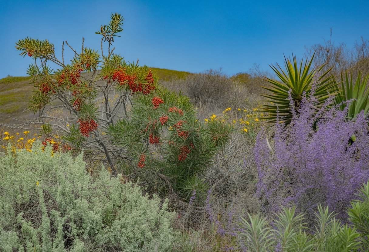 Los Angeles Native Plants: Essential Guide for Southern California Gardeners 2 A natural landscape with various native plants of Los Angeles, including bushes with red berries, purple flowers, and dry grasses under a clear blue sky.