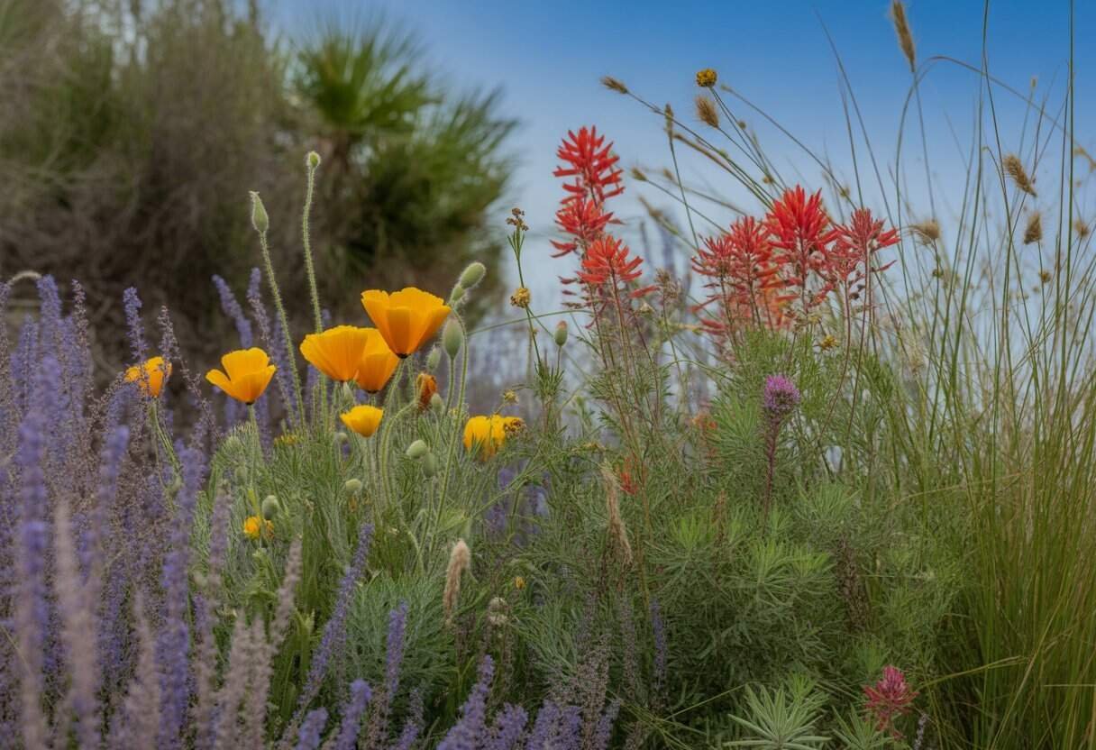 Los Angeles Native Plants: Essential Guide for Southern California Gardeners 3 A sunlit garden with colorful native flowers and tall grasses typical of Los Angeles, including poppies and sage.