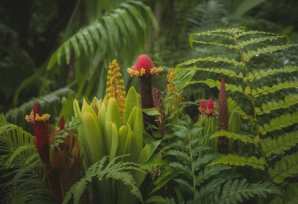 A close-up view of rare native Hawaiian plants with bright red flowers and green ferns in a lush rainforest setting.