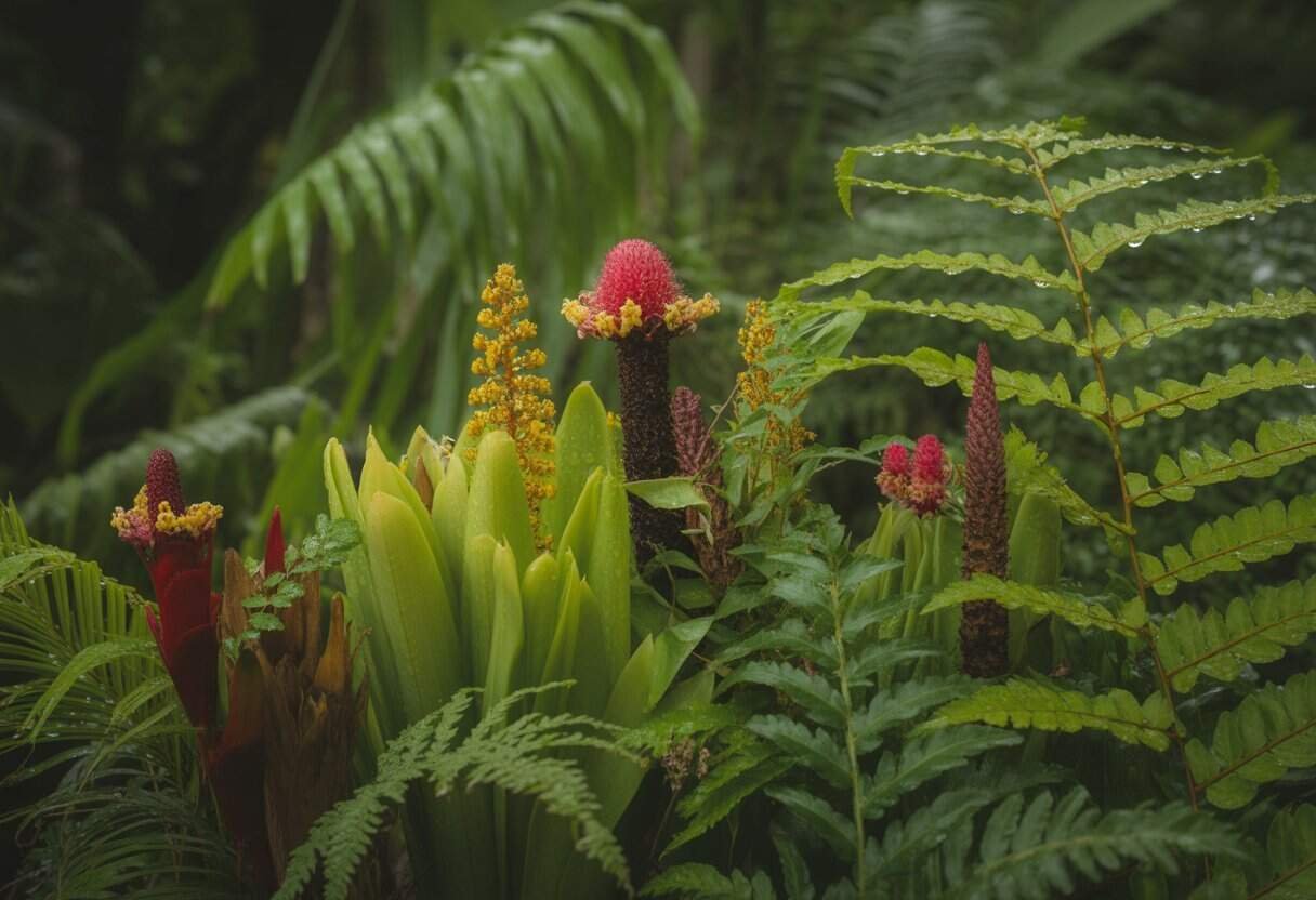Rare Native Hawaiian Plants: Preserving Endangered Species in the Pacific Archipelago 1 A close-up view of rare native Hawaiian plants with bright red flowers and green ferns in a lush rainforest setting.