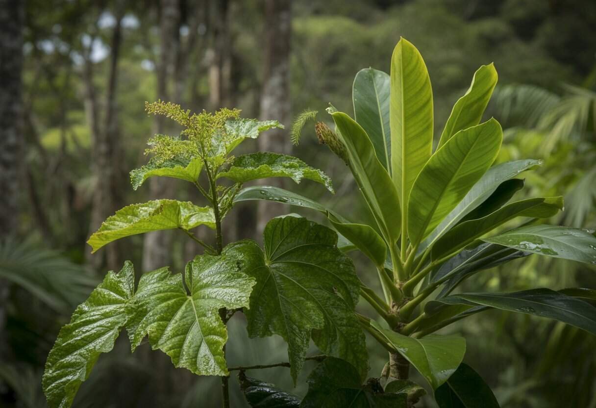 Rare Native Hawaiian Plants: Preserving Endangered Species in the Pacific Archipelago 2 Close-up view of rare native Hawaiian plants with green leaves and tropical forest background.