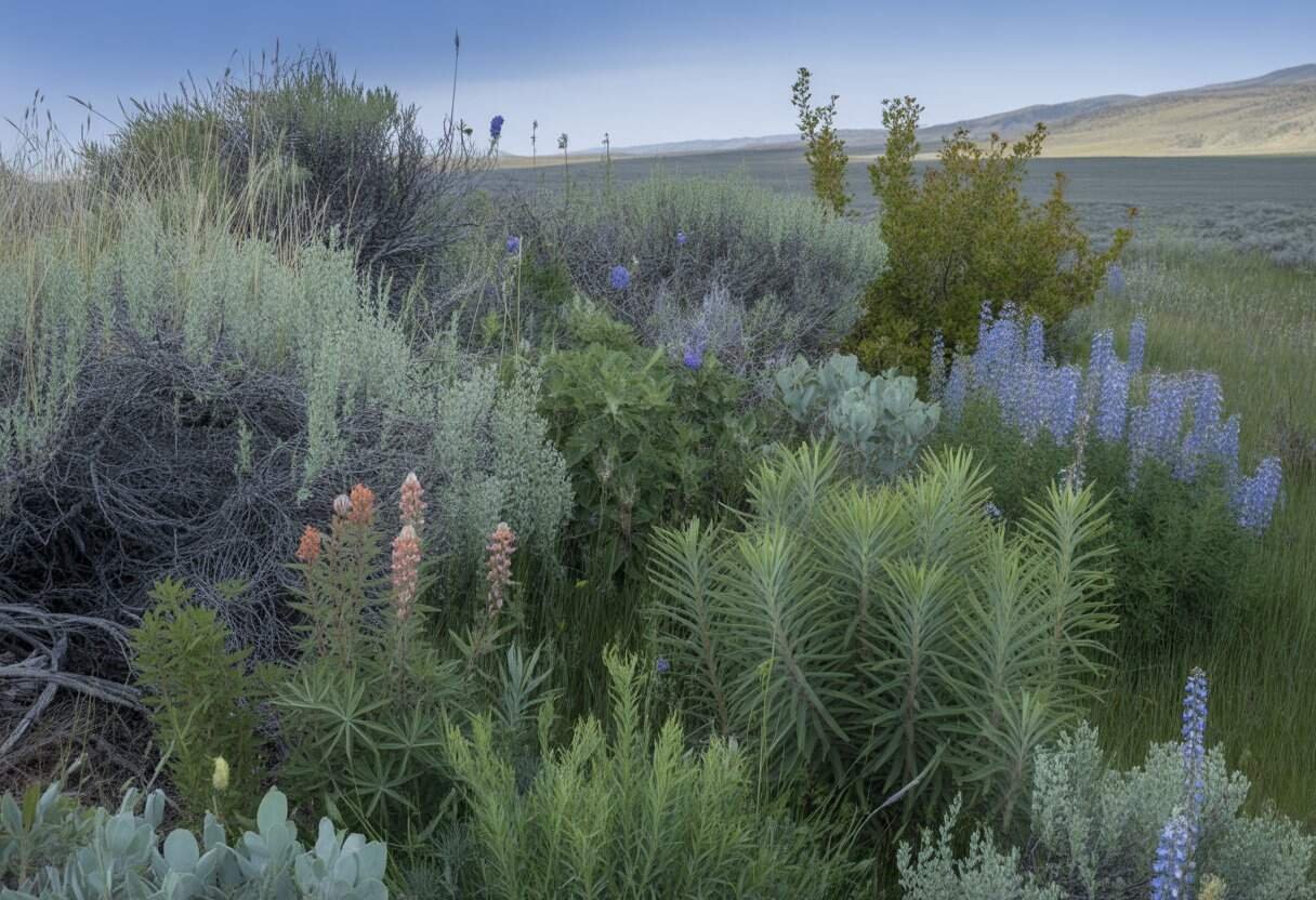 Wyoming Native Plants: Essential Guide for Garden Biodiversity 1 A variety of Wyoming native plants including wildflowers and shrubs growing in a natural landscape with hills and blue sky in the background.
