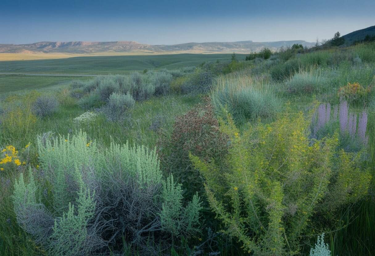 Wyoming Native Plants: Essential Guide for Garden Biodiversity 2 A clear Wyoming landscape with native plants including sagebrush and wildflowers, rolling hills, and distant mountains under a blue sky.