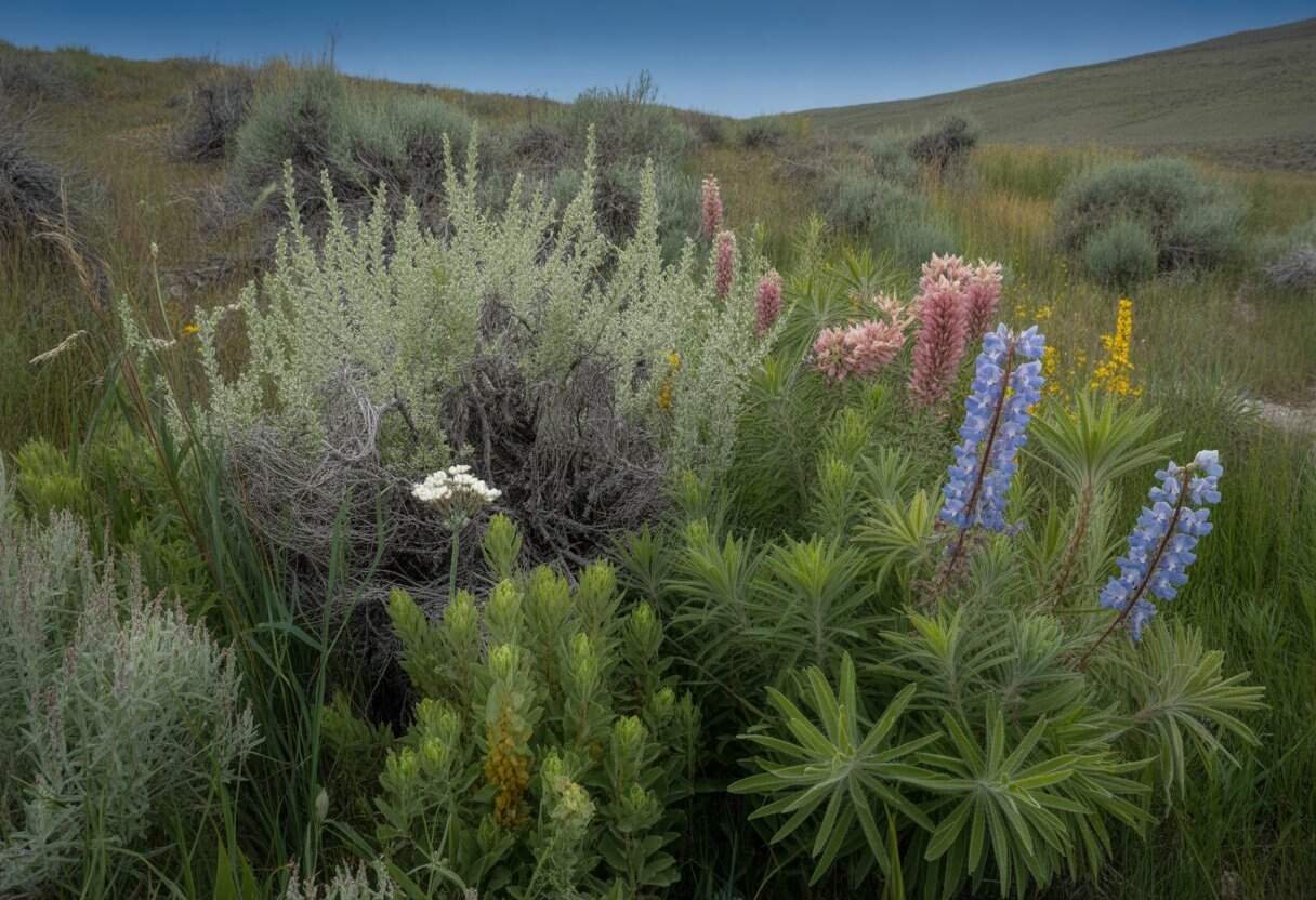 Wyoming Native Plants: Essential Guide for Garden Biodiversity 3 A variety of Wyoming native plants including wildflowers and shrubs growing in a natural outdoor setting with hills and a clear sky in the background.