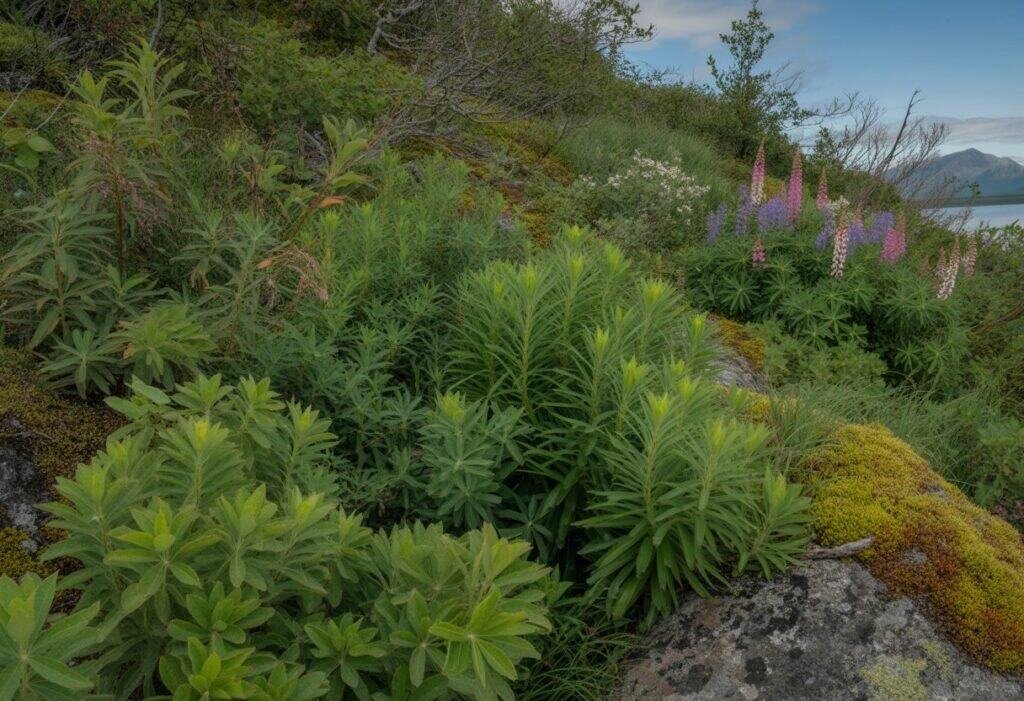 A close-up view of various Alaska native plants including shrubs, wildflowers, and mosses in a natural outdoor setting with mountains in the background.