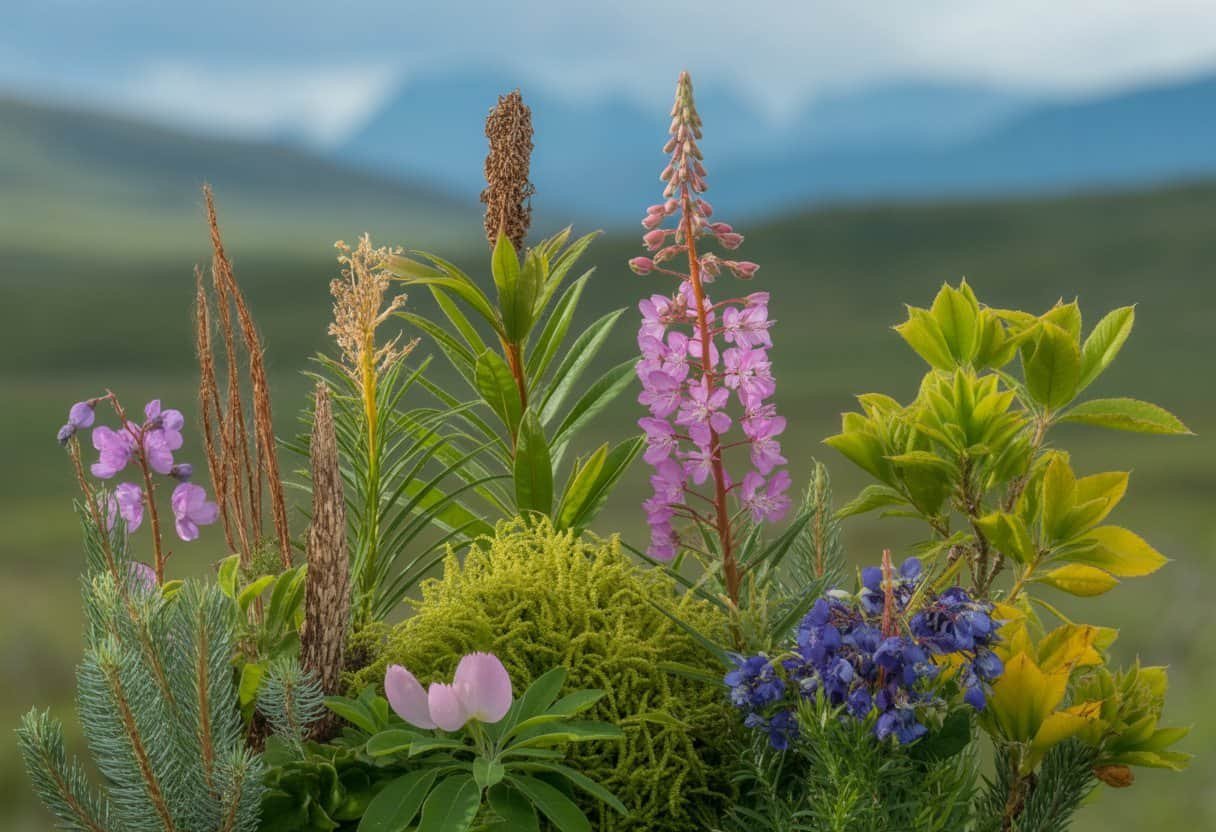 Alaska Native Plants: Essential Guide for Sustainable Landscaping 2 A variety of Alaska Native plants including wildflowers, shrubs, mosses, and coniferous trees in a natural wilderness landscape with hills and mountains in the background.