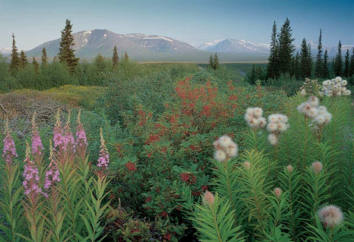 Alaska Native Plants: Essential Guide for Sustainable Landscaping 3 A natural Alaskan landscape featuring native plants like fireweed, blueberry bushes, and Arctic cotton with mountains and forest in the background.