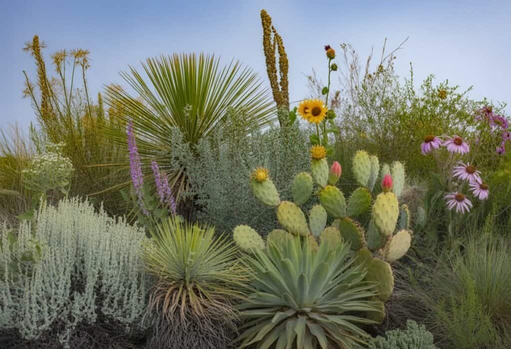 A variety of native American plants including sagebrush, yucca, prickly pear cactus, wildflowers, and grasses growing outdoors under a clear sky.