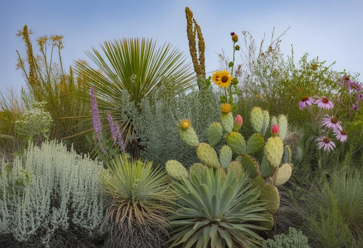 Native American Plants: Essential Remedies and Uses Throughout History 1 A variety of native American plants including sagebrush, yucca, prickly pear cactus, wildflowers, and grasses growing outdoors under a clear sky.