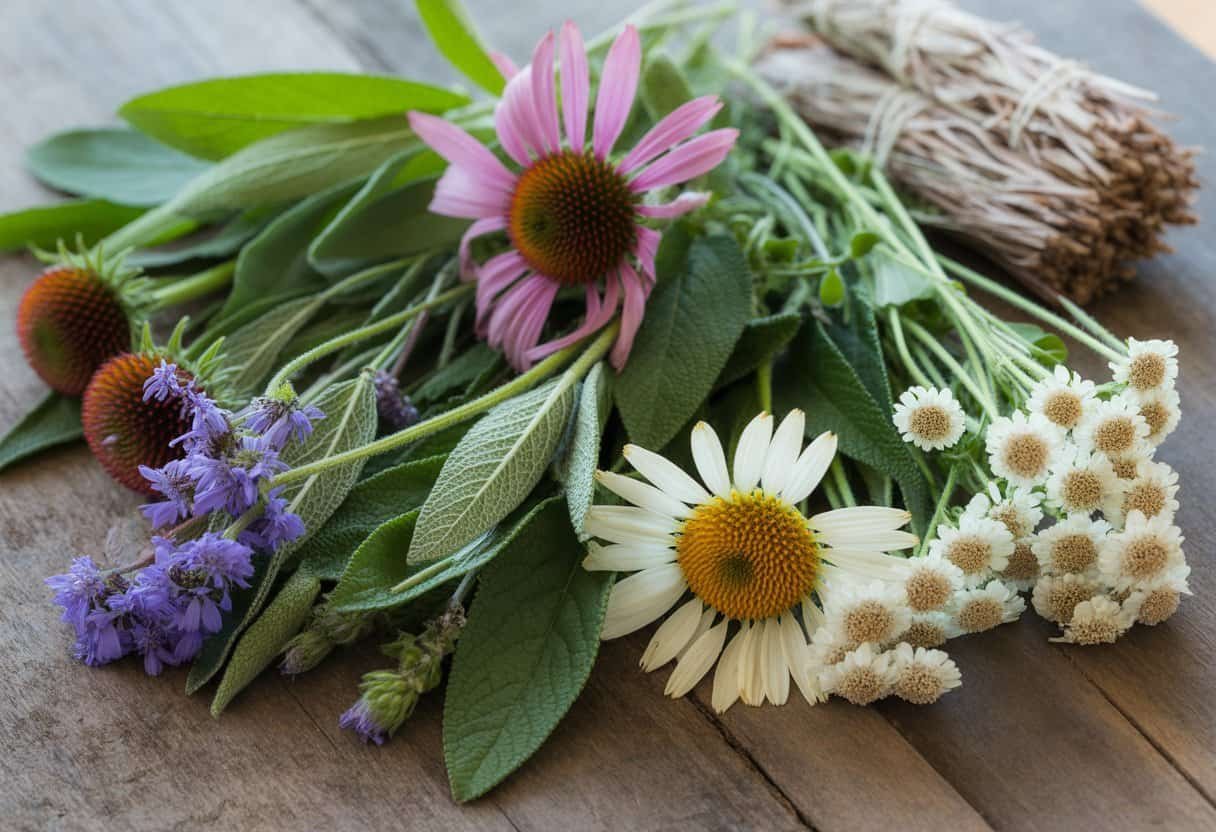 Native American Plants: Essential Remedies and Uses Throughout History 2 An assortment of Native American medicinal plants including echinacea, sage, sweetgrass, and yarrow displayed on a wooden surface.