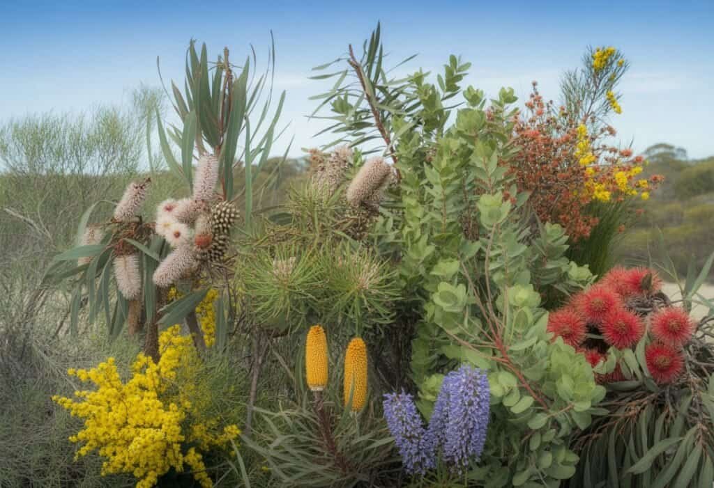 A variety of Australian native plants including eucalyptus trees, banksia flowers, wattle blossoms, and grevillea flowers in a natural outdoor setting under a clear blue sky.