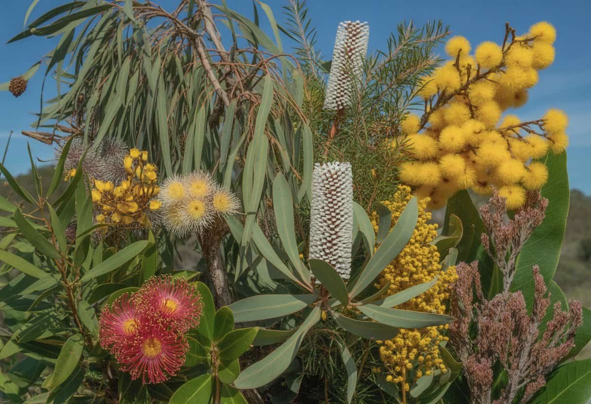 Australian Native Plants: Top 10 Species for Your Garden 2 A collection of Australian native plants including eucalyptus trees, yellow wattle flowers, banksia flower spikes, and grevillea blooms in a sunlit outdoor setting.