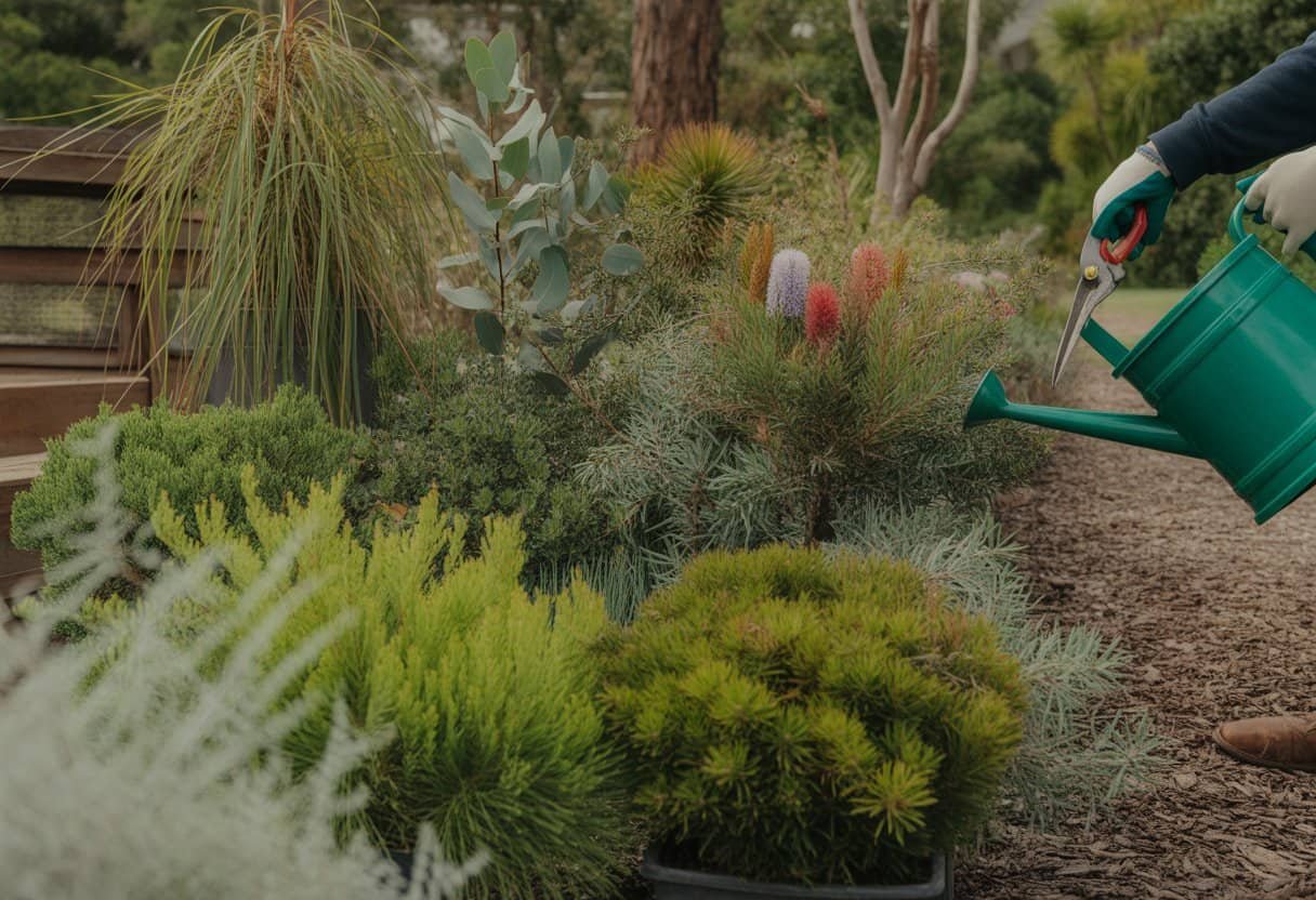 Australian Native Plants: Top 10 Species for Your Garden 3 A gardener tending to vibrant Australian native plants in an outdoor garden setting.
