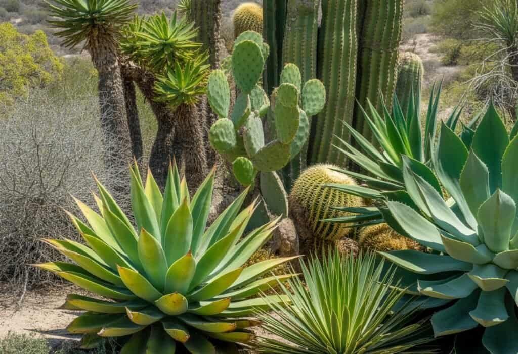 A variety of native Mexican plants including cacti and agave in a sunny desert landscape.