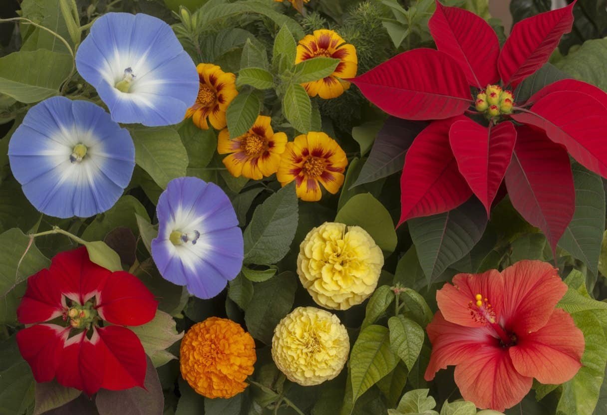 Plants Native to Mexico: A Guide to Diverse Indigenous Flora 2 A close-up view of various colorful flowers native to Mexico surrounded by green leaves.