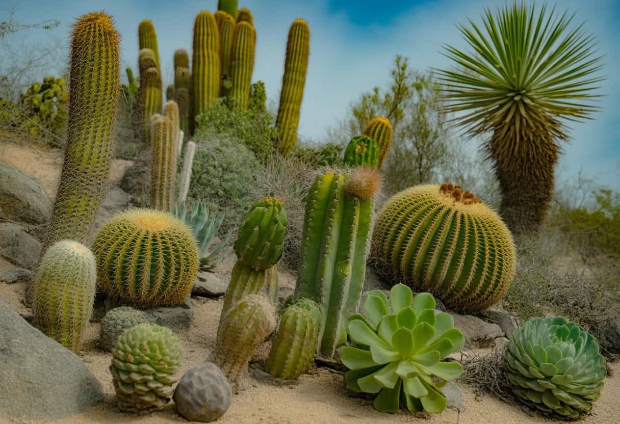 Plants Native to Mexico: A Guide to Diverse Indigenous Flora 3 A variety of cacti and succulent plants native to Mexico growing in a sunny desert landscape with sandy soil and rocks.