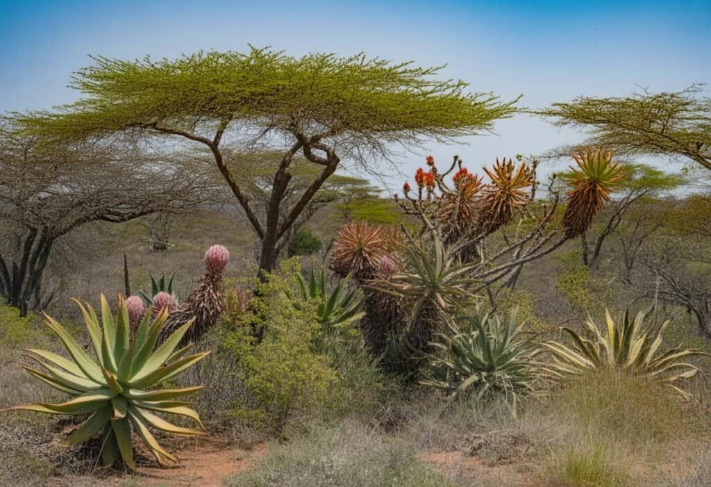 A variety of native African plants including acacia trees, aloe vera, and protea flowers growing naturally on reddish soil under a clear sky.