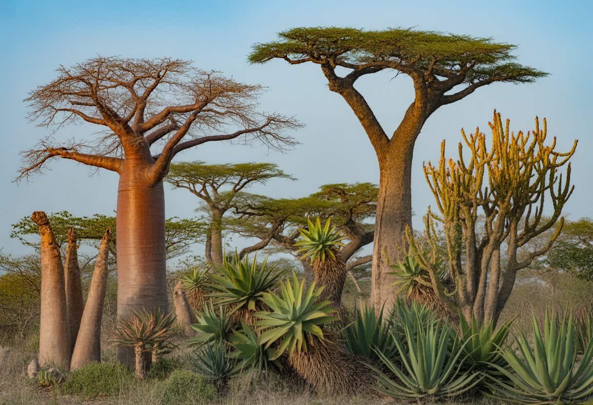 Plants Native to Africa: A Guide to Indigenous Flora and Their Ecological Importance 2 A variety of iconic African trees and succulent plants native to Africa, including baobab and acacia trees alongside aloe and euphorbia succulents, under a clear blue sky.
