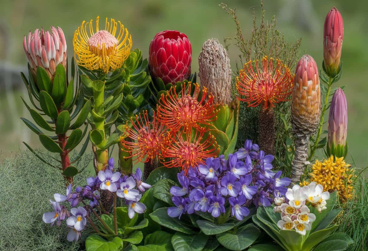 Plants Native to Africa: A Guide to Indigenous Flora and Their Ecological Importance 3 A collection of colorful native African flowers including Protea, Flame Lilies, and African violets surrounded by green foliage.