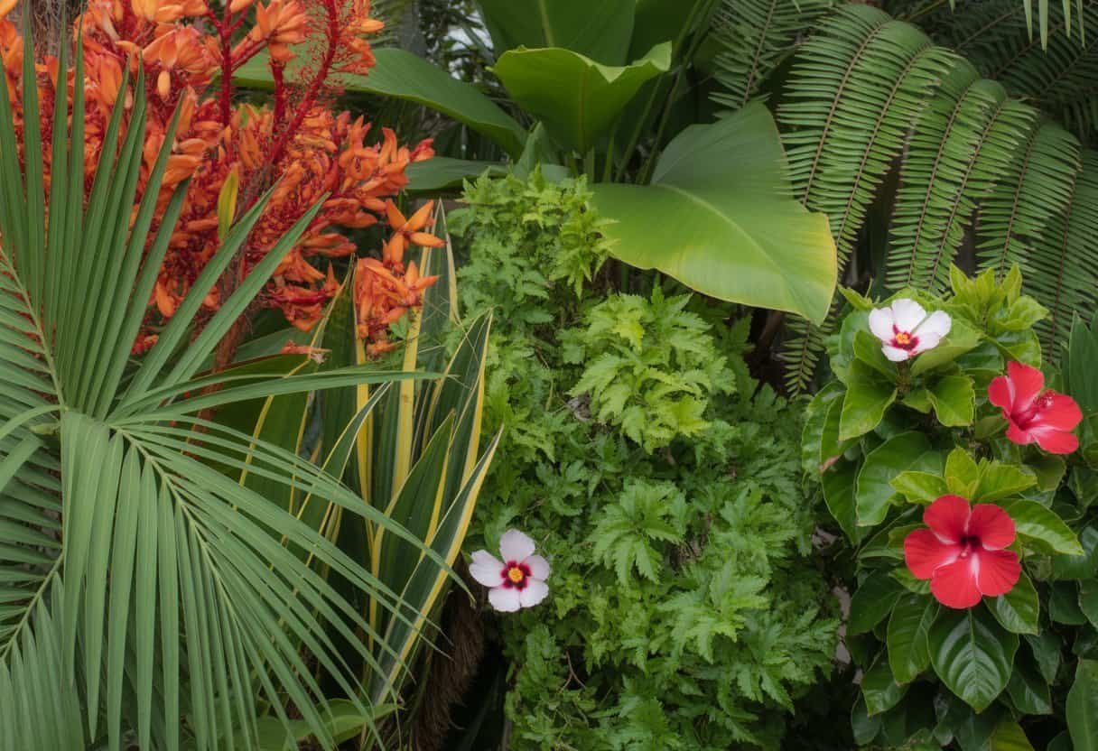 Plants Native to Puerto Rico: A Guide to the Island's Indigenous Flora 1 Close-up of various green and flowering plants native to Puerto Rico with bright red and orange blossoms.