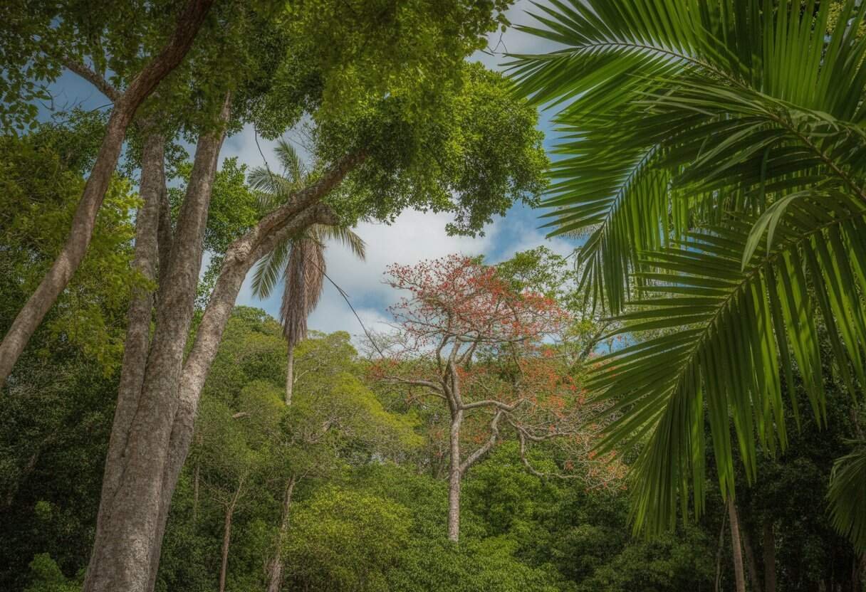Plants Native to Puerto Rico: A Guide to the Island's Indigenous Flora 2 A variety of native Puerto Rican trees in a tropical forest with green leaves and bright flowers under a clear sky.