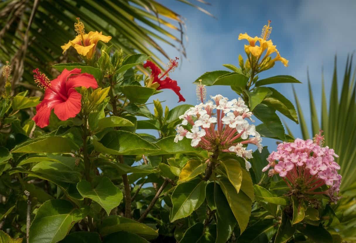Plants Native to Puerto Rico: A Guide to the Island's Indigenous Flora 3 A collection of vibrant flowering plants native to Puerto Rico with red, yellow, white, and pink blossoms surrounded by green leaves under a clear sky.