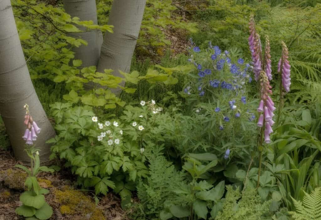A variety of native German plants including beech trees, wood anemones, gentian flowers, and foxgloves in a sunlit forest setting.