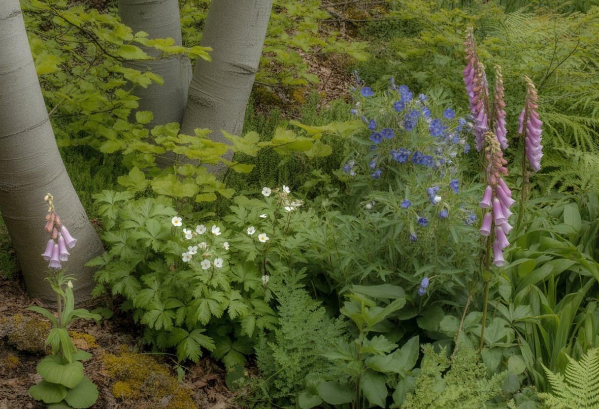 Plants Native to Germany: Exploring the Rich Flora of Central Europe 1 A variety of native German plants including beech trees, wood anemones, gentian flowers, and foxgloves in a sunlit forest setting.