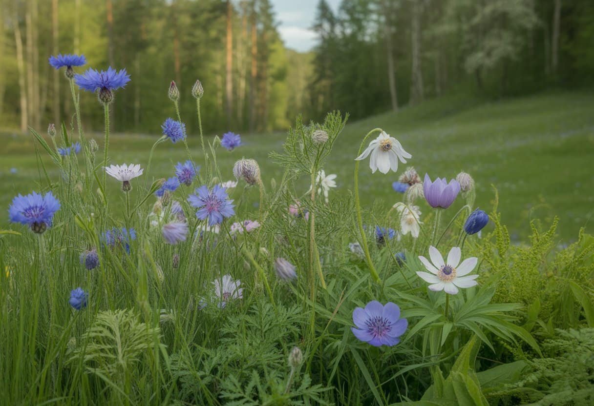 Plants Native to Germany: Exploring the Rich Flora of Central Europe 2 A meadow filled with colorful native German flowering plants including blue, purple, and white flowers surrounded by green grasses and trees in the background.