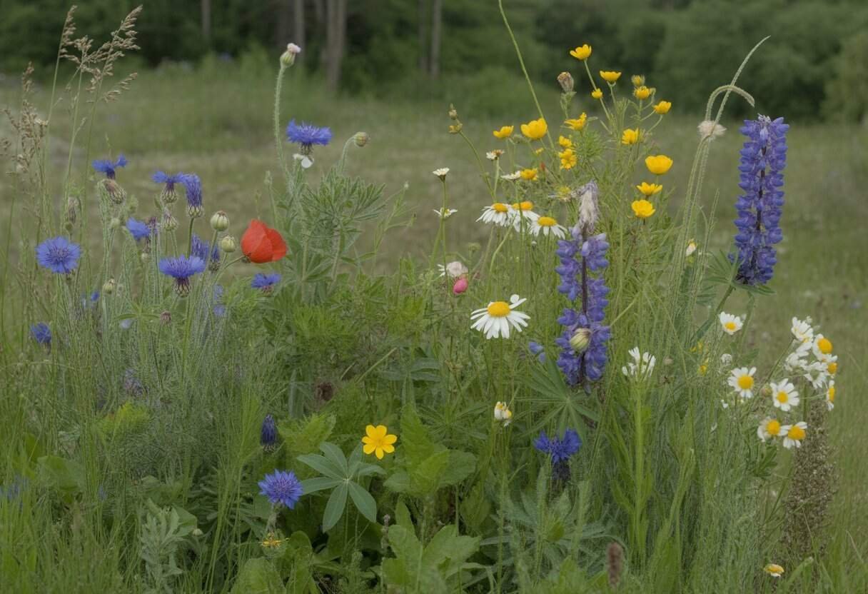 Plants Native to Germany: Exploring the Rich Flora of Central Europe 3 A natural meadow filled with various colorful wildflowers and green plants native to Germany under daylight.