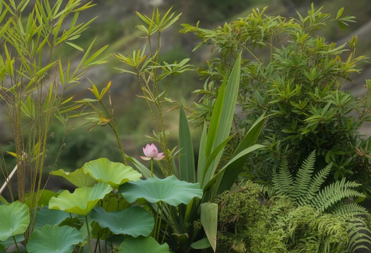 Plants Native to Vietnam: Exploring Biodiversity in Southeast Asia 1 A variety of green plants native to Vietnam including bamboo, lotus flowers, and tropical ferns in a natural outdoor setting.