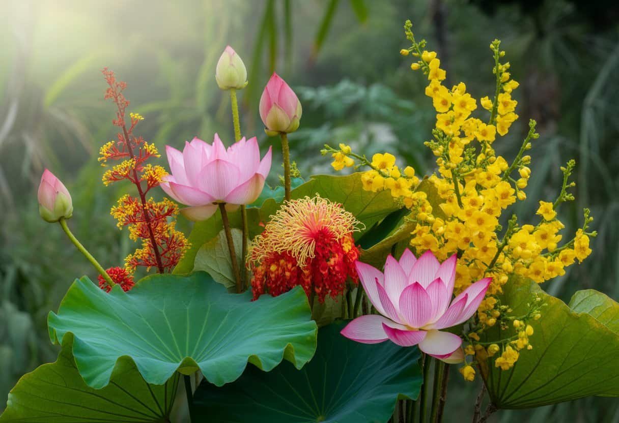 Plants Native to Vietnam: Exploring Biodiversity in Southeast Asia 2 Close-up of vibrant native Vietnamese flowers including pink lotus, yellow apricot blossoms, and red flamboyant flowers surrounded by green leaves.