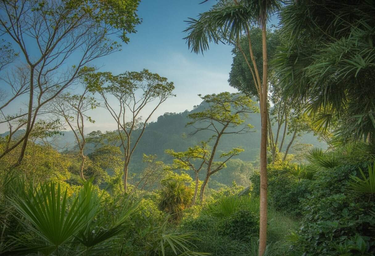 Plants Native to Vietnam: Exploring Biodiversity in Southeast Asia 3 A lush forest scene with various native Vietnamese trees and plants, featuring tall trees, bamboo groves, and green foliage with mountains in the background.