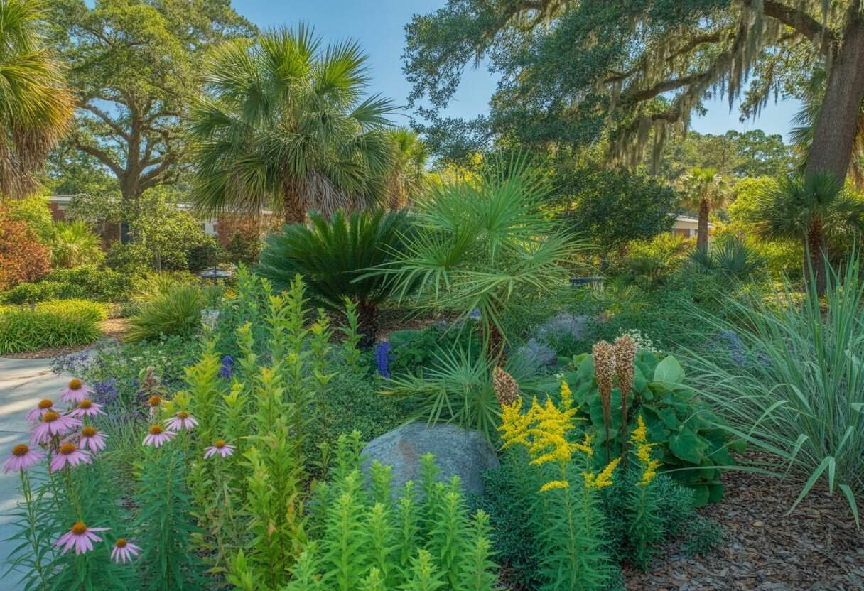 South Carolina Native Plants Landscaping: A Guide to Beautiful, Sustainable Gardens 1 A landscaped garden with native South Carolina plants including palmetto palms, purple coneflowers, and mountain laurels along a stone pathway under oak trees with Spanish moss.