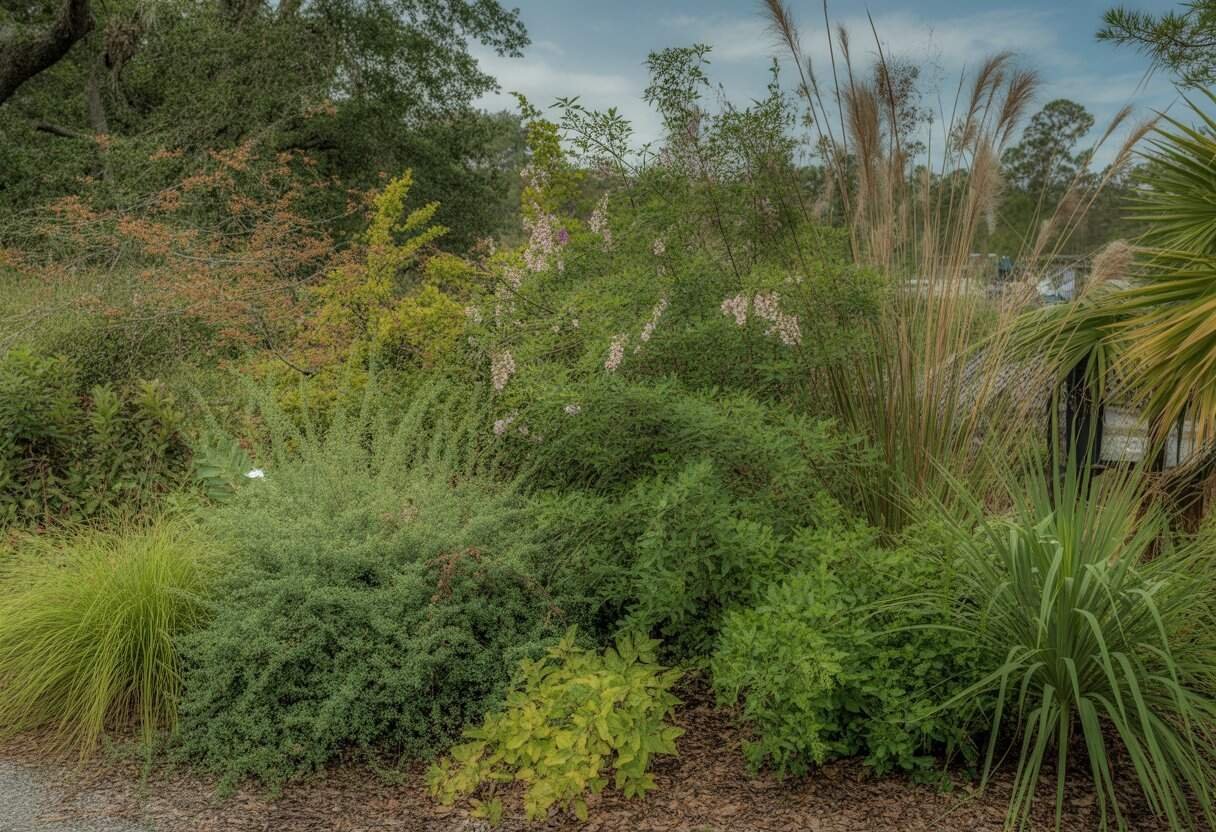 South Carolina Native Plants Landscaping: A Guide to Beautiful, Sustainable Gardens 2 A garden bed filled with diverse South Carolina native plants including flowering shrubs and tall grasses under sunlight with trees and blue sky in the background.