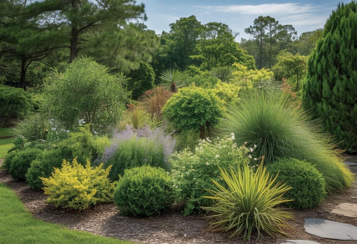South Carolina Native Plants Landscaping: A Guide to Beautiful, Sustainable Gardens 3 A landscaped garden with diverse South Carolina native plants, including shrubs and flowering plants, under a clear sunny sky.