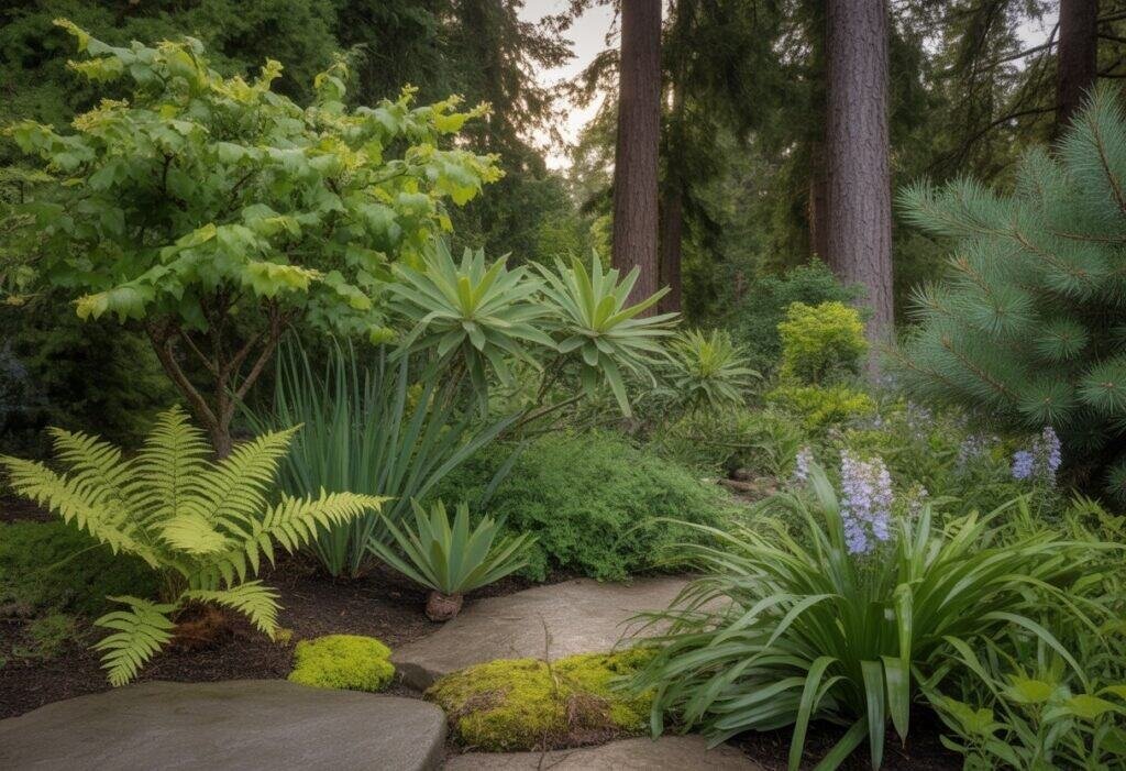 A garden with native Oregon plants including ferns, holly, camas lilies, and young cedar trees along a stone path under tall fir trees.