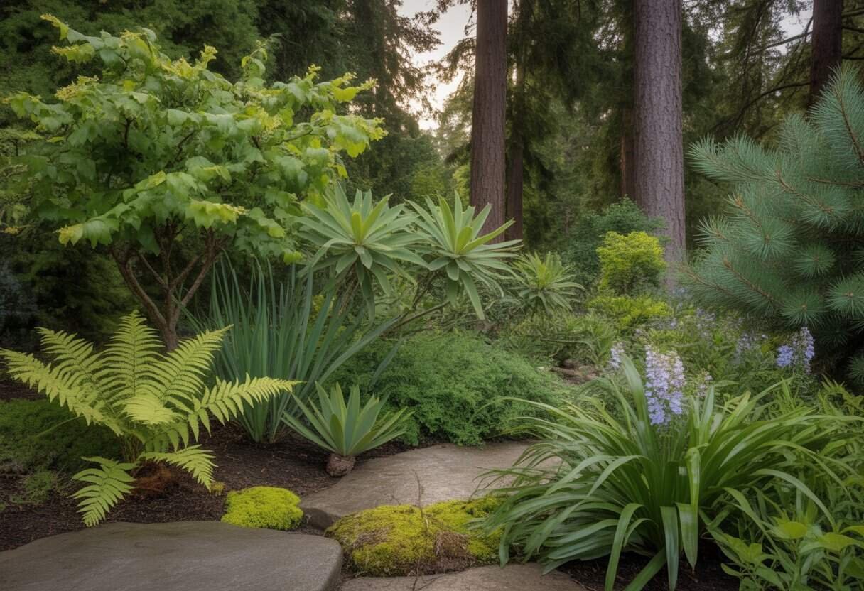 Native Oregon Plants for Landscaping: Beautiful, Sustainable Choices for Your Garden 1 A garden with native Oregon plants including ferns, holly, camas lilies, and young cedar trees along a stone path under tall fir trees.