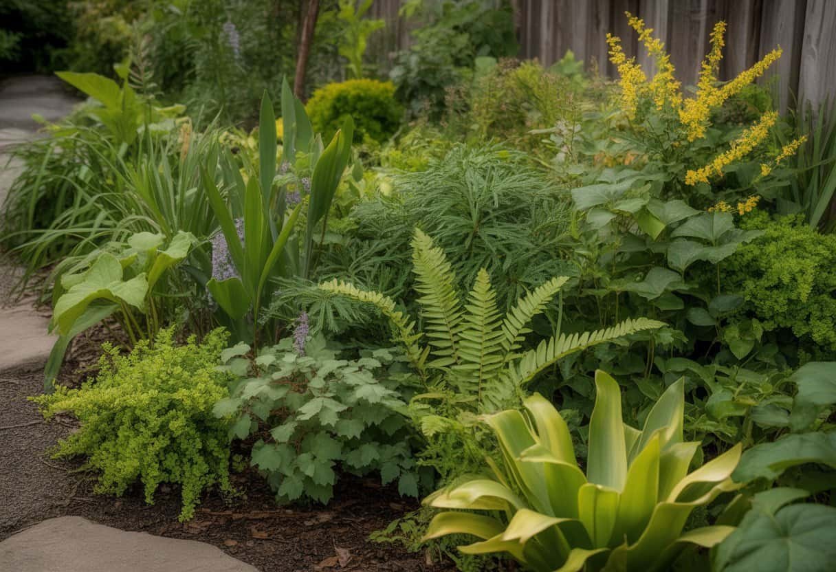 Native Oregon Plants for Landscaping: Beautiful, Sustainable Choices for Your Garden 2 A garden filled with various native Oregon plants including green foliage and colorful flowers arranged naturally with a wooden fence and stone pathway in the background.