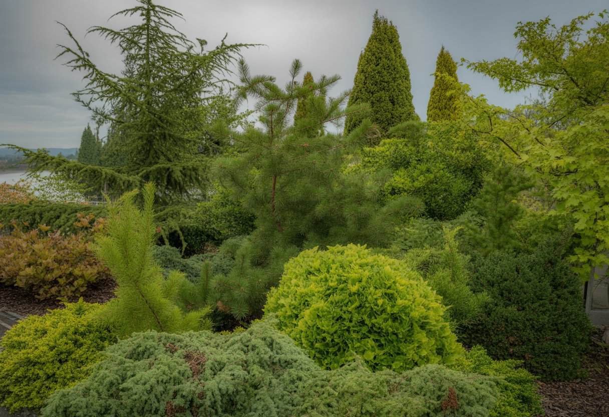 Native Oregon Plants for Landscaping: Beautiful, Sustainable Choices for Your Garden 3 A landscaped garden with native Oregon trees and large shrubs including Douglas fir, Western red cedar, Oregon grape, and vine maple under soft natural light.