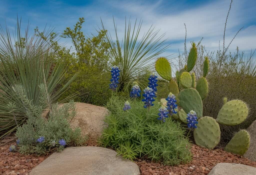 A landscaped garden with native Texas plants including bluebonnets, Indian paintbrushes, prickly pear cacti, and green shrubs under a clear blue sky.