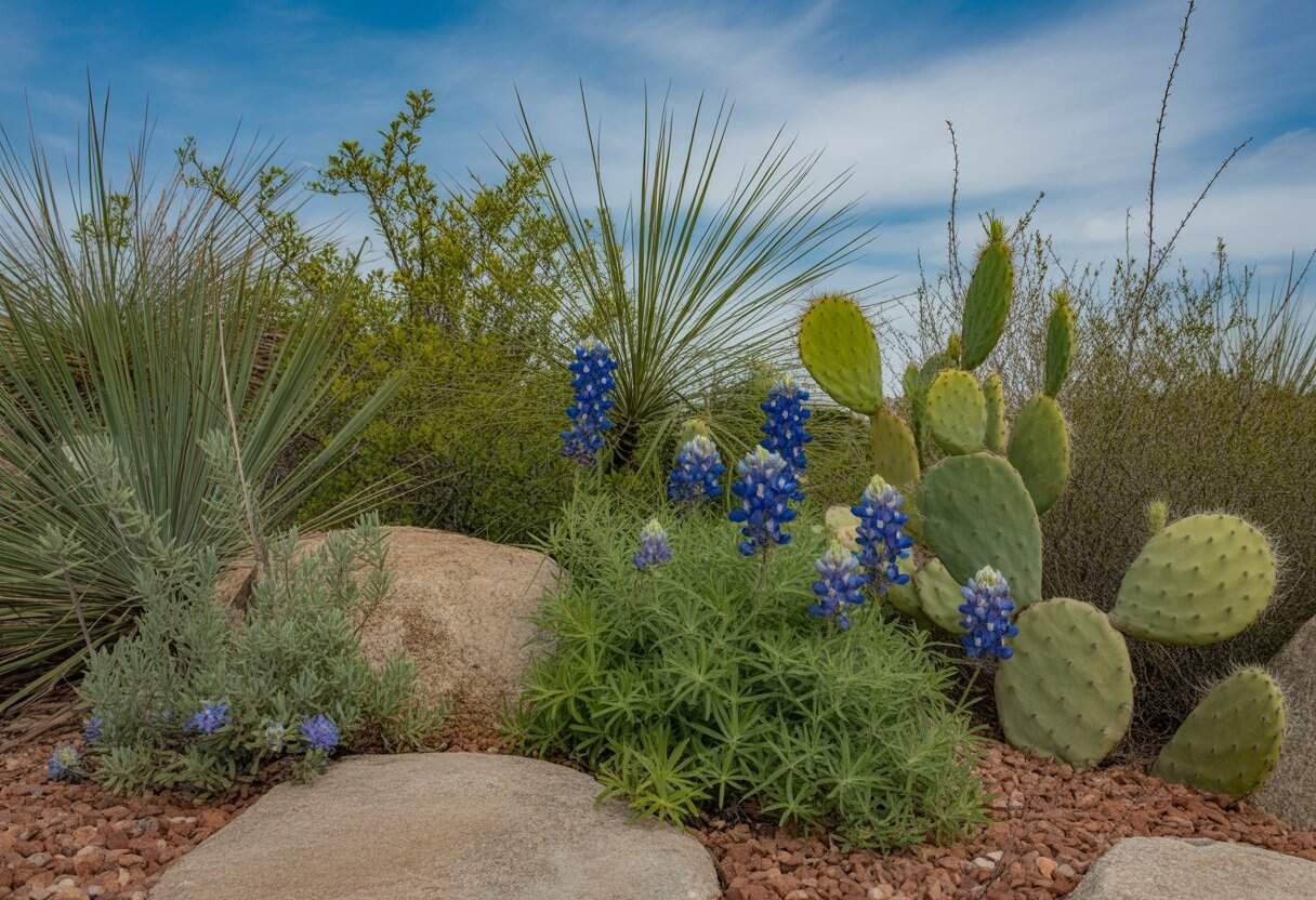Native Texas Plants for Landscaping: Best Choices for a Drought-Resistant Yard 1 A landscaped garden with native Texas plants including bluebonnets, Indian paintbrushes, prickly pear cacti, and green shrubs under a clear blue sky.